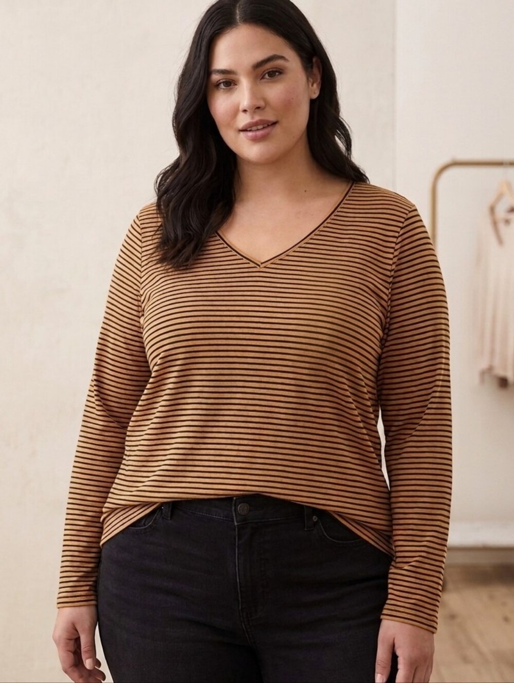 New George Striped Long Sleeve V-Neck Top Black/Brown | Plus Size XXL